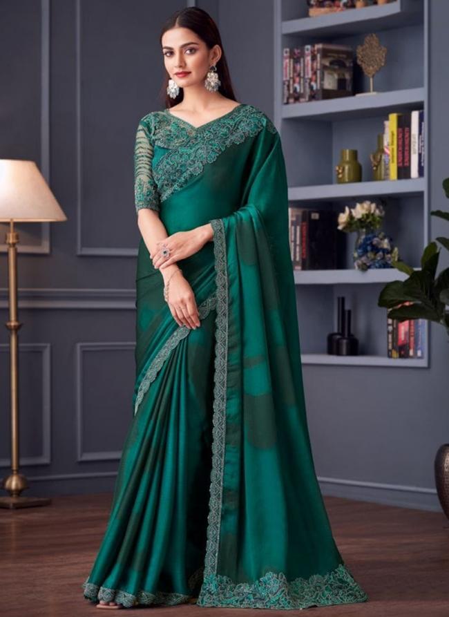 Sattin Chiffon Green Party Wear Embroidery Work Saree